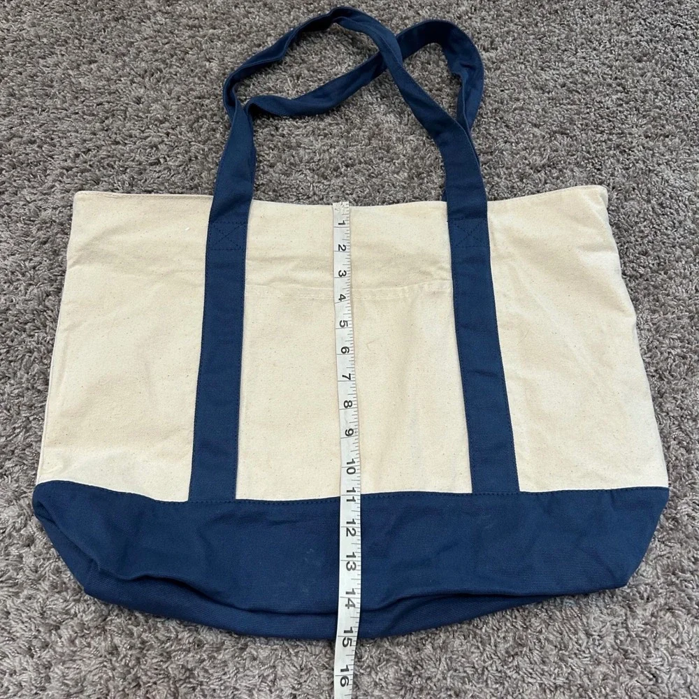TOPDesign Large Canvas Tote Bag Navy Blue Bottom Beige Shopping Zipper Pocket - Picture 3 of 9